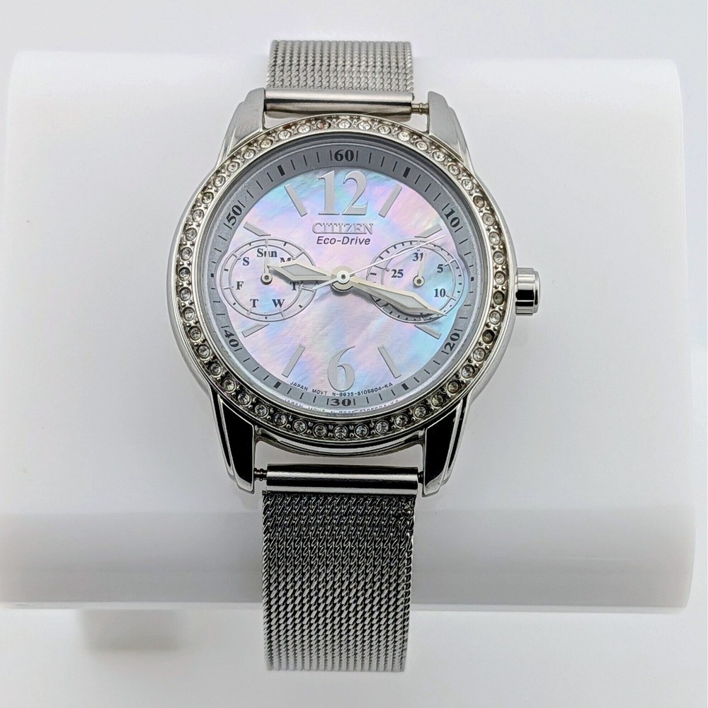 Citizen Silhouette 8635-S070945 Eco-Drive MOP Swarovski Mesh Day Date Watch